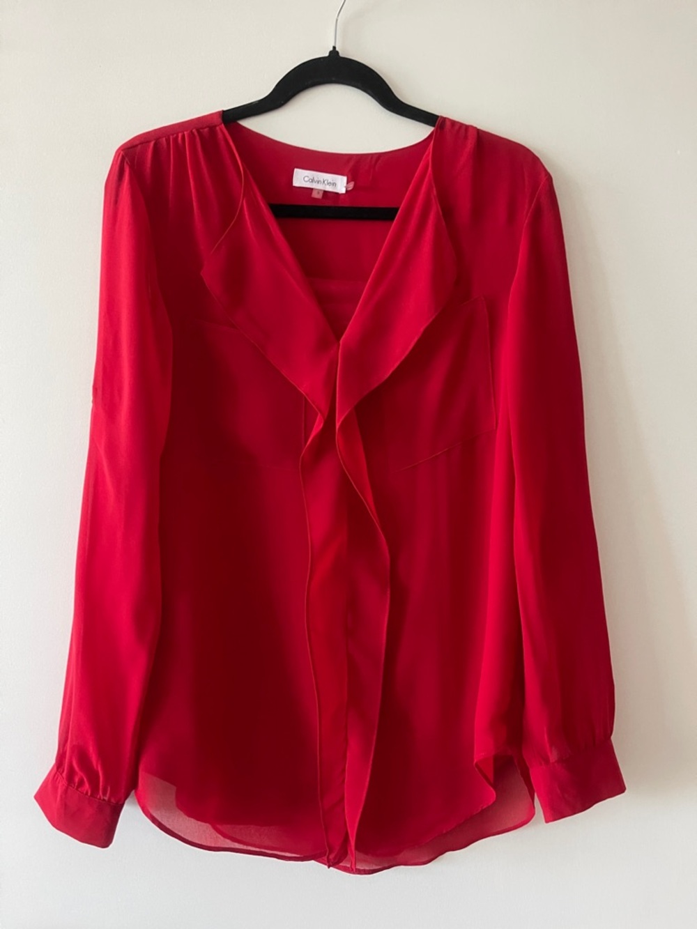 Calvin Klein Vibrant Red Ruffle-Front V-Neck Blouse